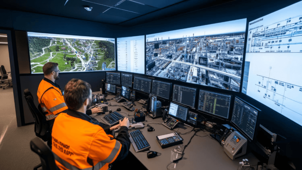 Operators using a COB LED video wall in a network operations center